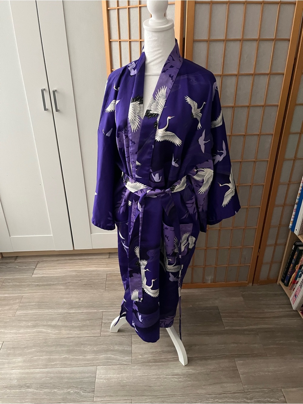 Japanese White Crane Kimono Purple Robe Japan Vintage One Sz Textile Label Belt - Picture 2 of 8